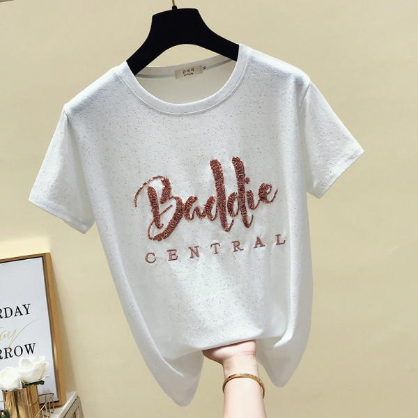 Sieviešu ikdienas t-krekls ar apaļu kakla izgriezumu un aplikācijām