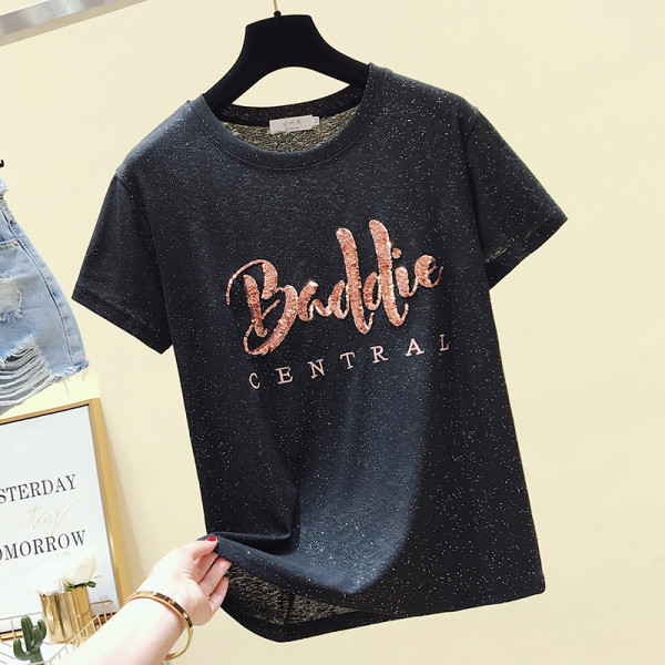 Sieviešu ikdienas t-krekls ar apaļu kakla izgriezumu un aplikācijām