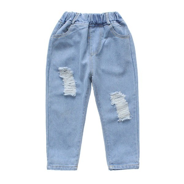 Bērnu džinsi ar kabatām un saplēstiem motīviem meitenēm