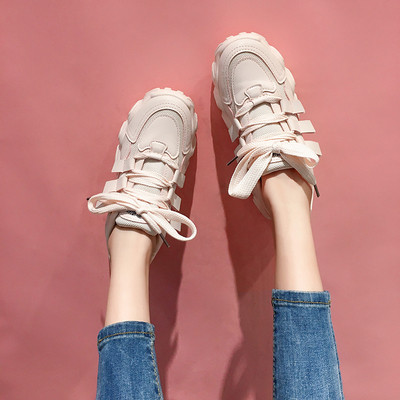 Ženske sportske tenisice od eko kože sa grubim đonom i vezicama