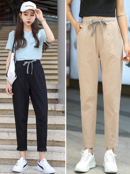 Ikdienas sieviešu garās pavasara bikses ar saitēm jostasvietā