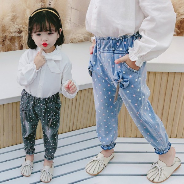 Vaikiški džinsai su elastiniu juosmeniu ir kaspinėliais mergaitėms