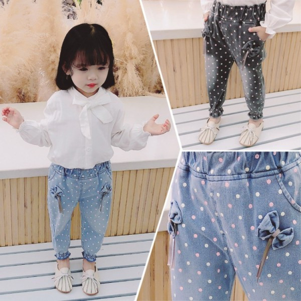 Vaikiški džinsai su elastiniu juosmeniu ir kaspinėliais mergaitėms