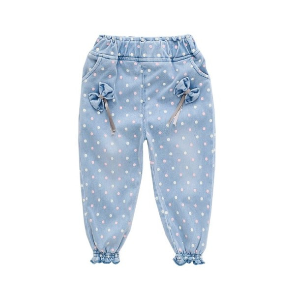 Vaikiški džinsai su elastiniu juosmeniu ir kaspinėliais mergaitėms