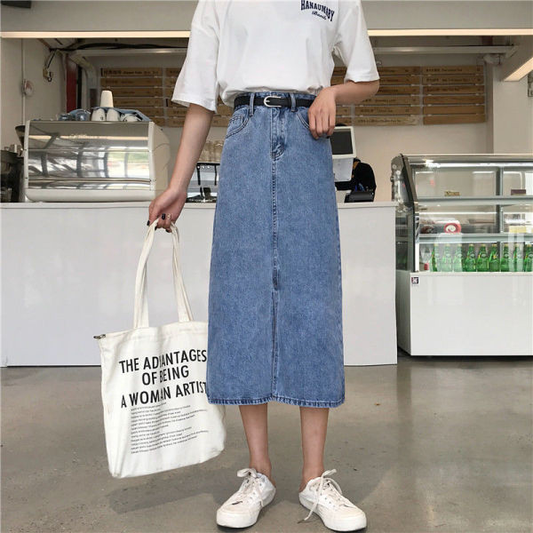 Sieviešu džinsa svārki vidēja garuma un šķēluma