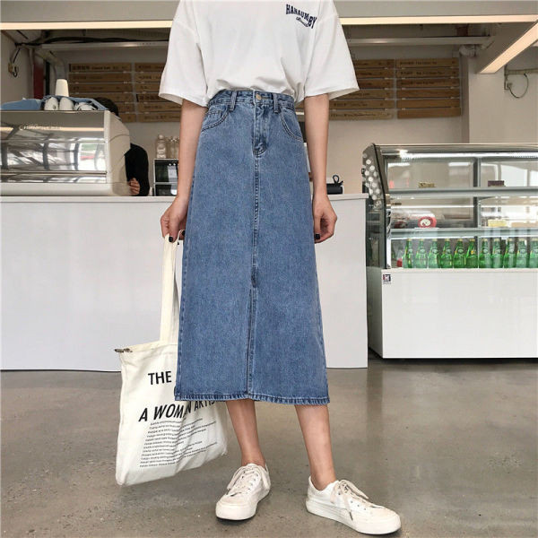 Sieviešu džinsa svārki vidēja garuma un šķēluma