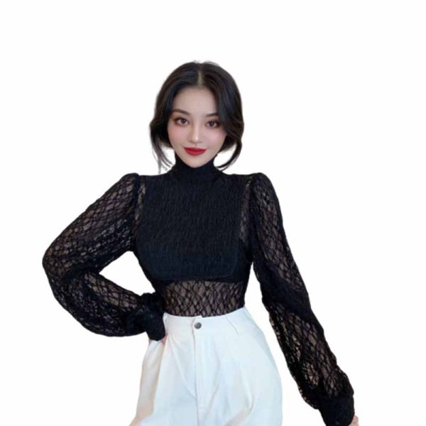 Ikdienas sieviešu blūze ar augstu polo apkakli un platām piedurknēm