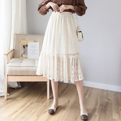 Ikdienas sieviešu gari svārki ar augstu vidukli un mežģīnēm