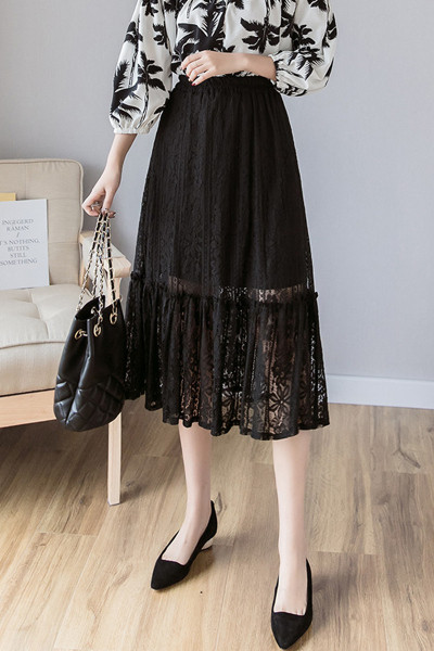 Ikdienas sieviešu gari svārki ar augstu vidukli un mežģīnēm