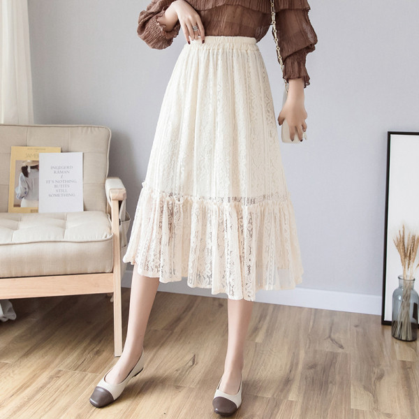 Ikdienas sieviešu gari svārki ar augstu vidukli un mežģīnēm