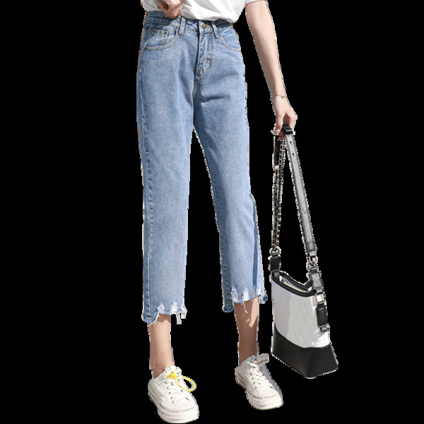 Alkalmi női farmer magas derékkal, jobbra szakadt kék színben