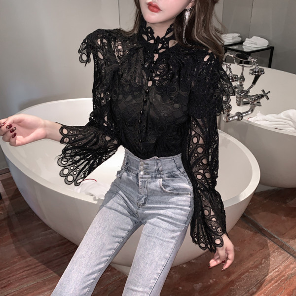 Női csipke ing lótusz ujjú, magas gallérral és gyöngyökkel