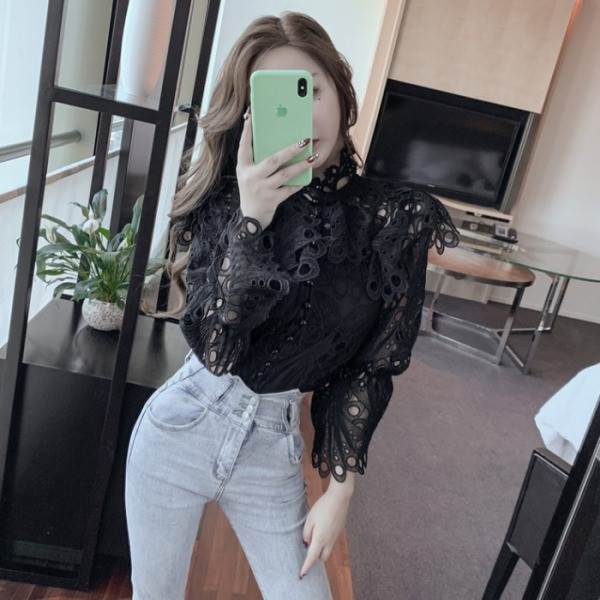 Női csipke ing lótusz ujjú, magas gallérral és gyöngyökkel