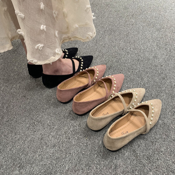 Mocasini casual dama cu perle si talpa plata din piele intoarsa ecologica