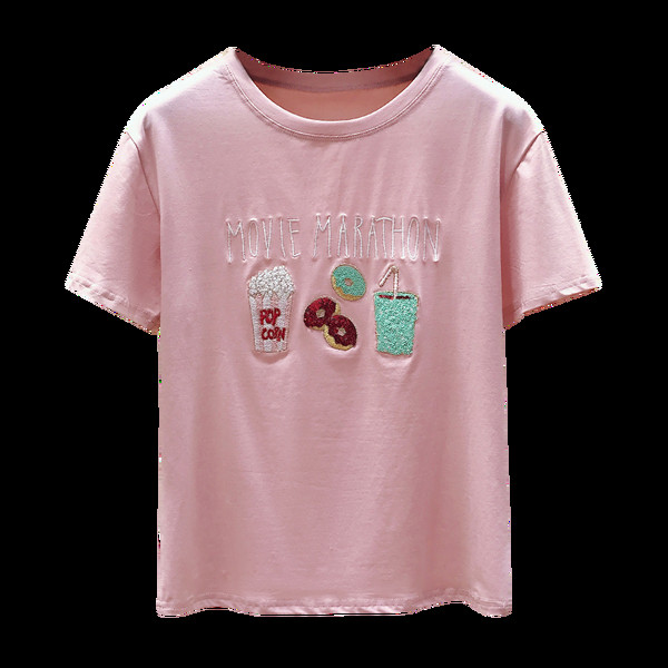 Sieviešu t-krekls ar krāsainu izšuvumu un apaļu kakla izgriezumu