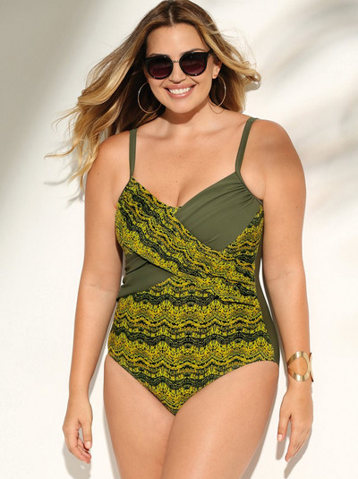 Цял бански костюм с цветен десен, тънки презрамки и размери до 5XL