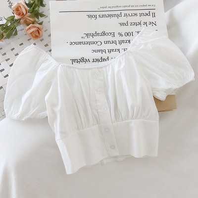 Pavasariniai moteriški marškiniai trumpomis pūstomis rankovėmis