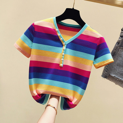 Sieviešu ikdienišķa svītraina blūze ar īsām piedurknēm un špica kakla izgriezumu