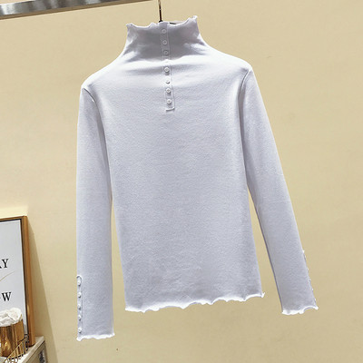 Moteriška rudens-žiemos palaidinė aukšta apykakle ir sagomis ant rankovių