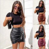 Stilingas trumpas moteriškas sijonas aukštu juosmeniu ir sagomis