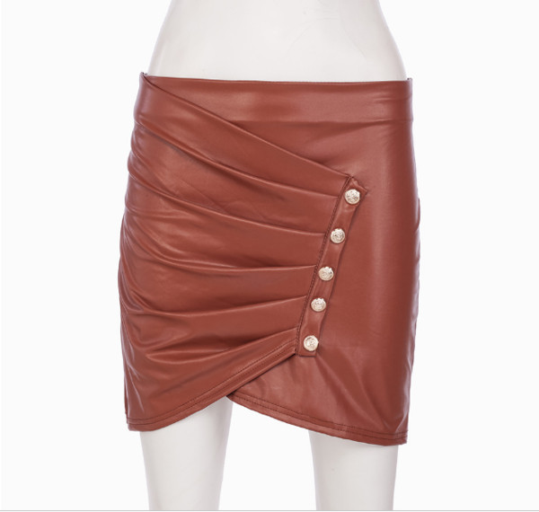 Stilingas trumpas moteriškas sijonas aukštu juosmeniu ir sagomis