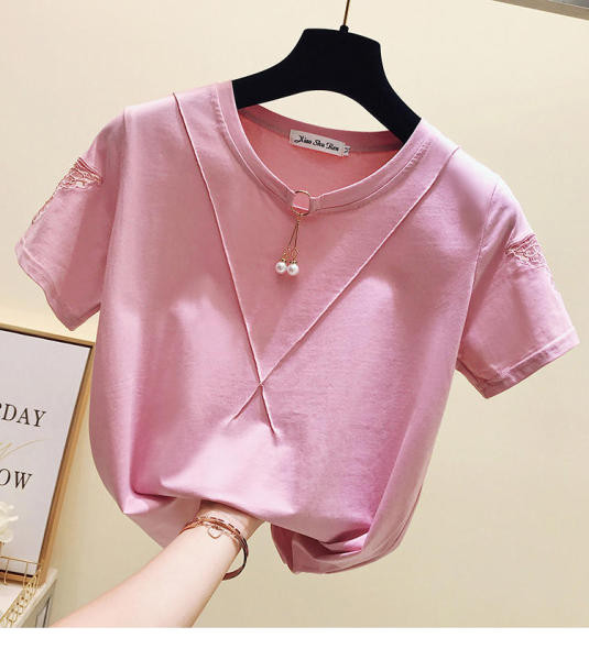 Moteriški marškinėliai trumpomis rankovėmis ir dekoratyviniais perlais