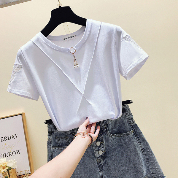 Moteriški marškinėliai trumpomis rankovėmis ir dekoratyviniais perlais