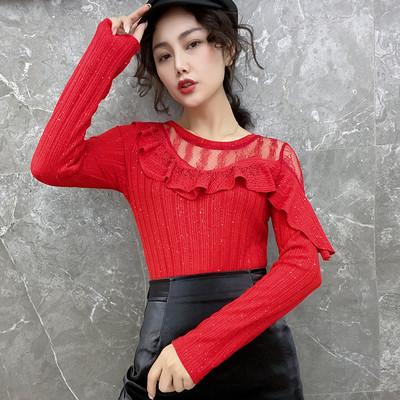 Μοντέρνα γυναικεία μπλούζα με γυαλιστερά σωματίδια και δαντέλα