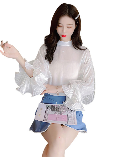 Plati moteriška šifoninė palaidinė žema apykakle aplink kaklą