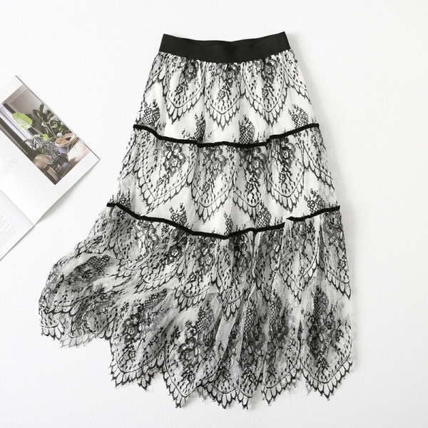 Дамска разкроена дантелена пола с висока ластична талия