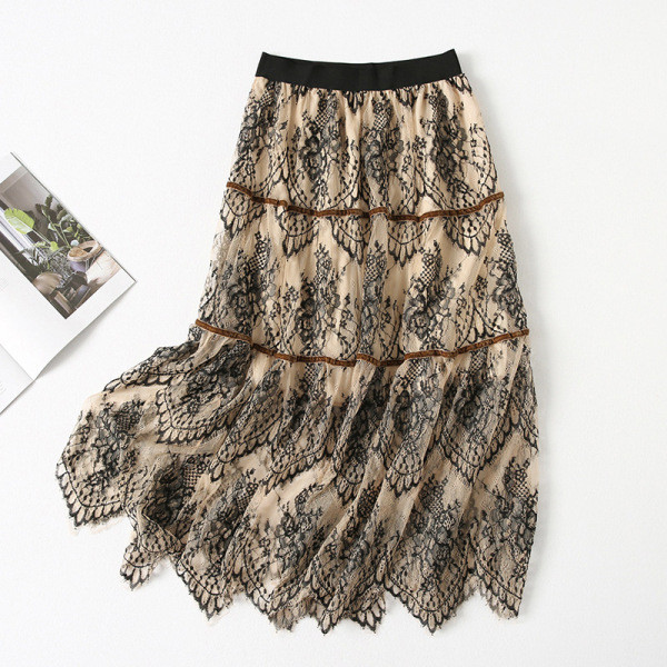 Дамска разкроена дантелена пола с висока ластична талия