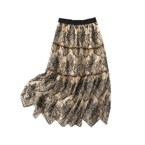 Дамска разкроена дантелена пола с висока ластична талия