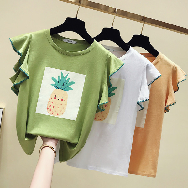 Дамска пролетна тениска с цветна апликация и обло деколте 