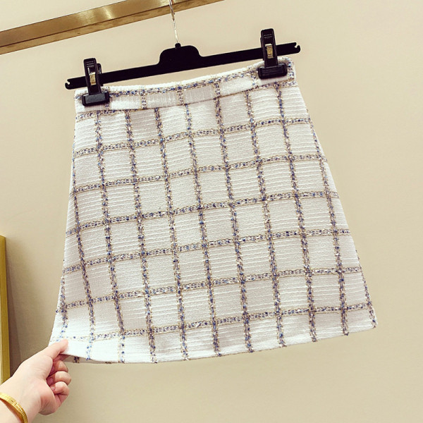 Modern női kockás szoknya magas derékkal, A-vonallal