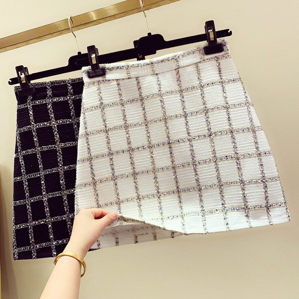Modern női kockás szoknya magas derékkal, A-vonallal