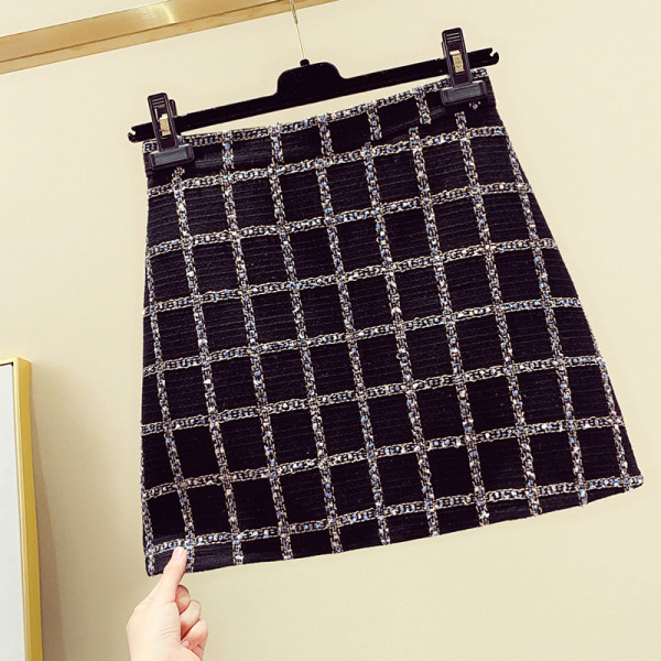 Modern női kockás szoknya magas derékkal, A-vonallal