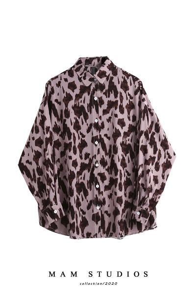 Moteriški šifoniniai šifoniniai marškiniai ilgomis rankovėmis ir leopardo raštu