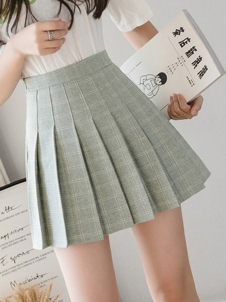 Moteriškas languotas sijonas aukštu juosmeniu ir klostėmis