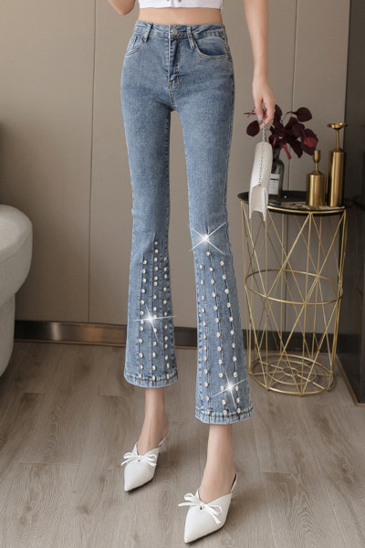 Model nou de blugi de dama cu talie inalta si perle