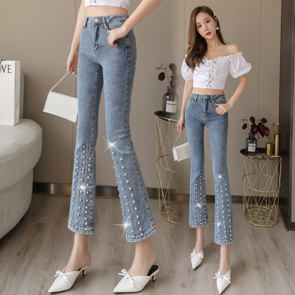 Model nou de blugi de dama cu talie inalta si perle