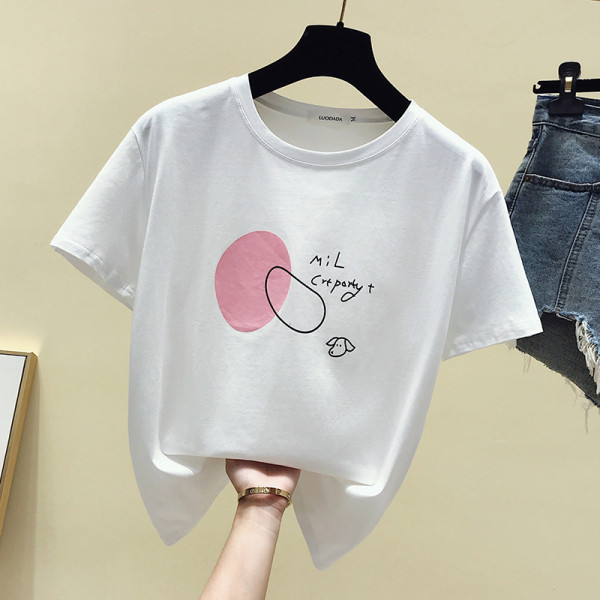 Värvilise aplikatsiooni ja ümara kaelusega vabaaja naiste T-särk