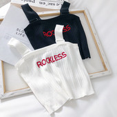 Maieu tricotat pentru femei, cu bretele largi și inscripția „Rockless”