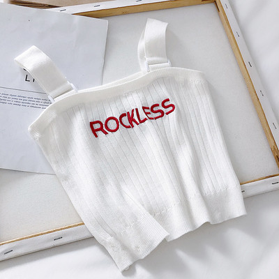 Maieu tricotat pentru femei, cu bretele largi și inscripția „Rockless”