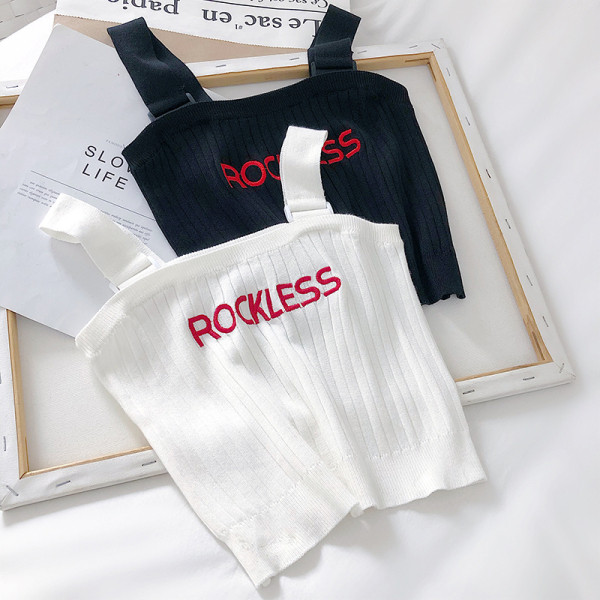 Maieu tricotat pentru femei, cu bretele largi și inscripția „Rockless”