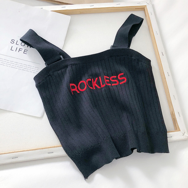 Maieu tricotat pentru femei, cu bretele largi și inscripția „Rockless”