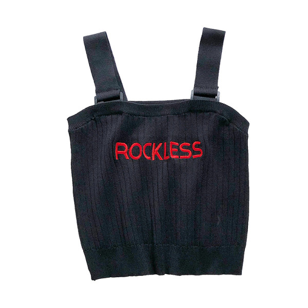 Maieu tricotat pentru femei, cu bretele largi și inscripția „Rockless”