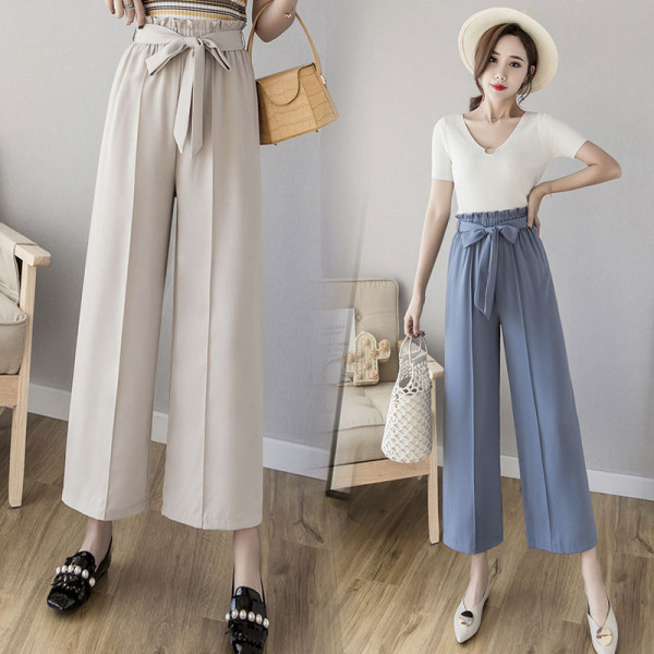 Pantaloni de dama cu talie inalta si panglica - model lat