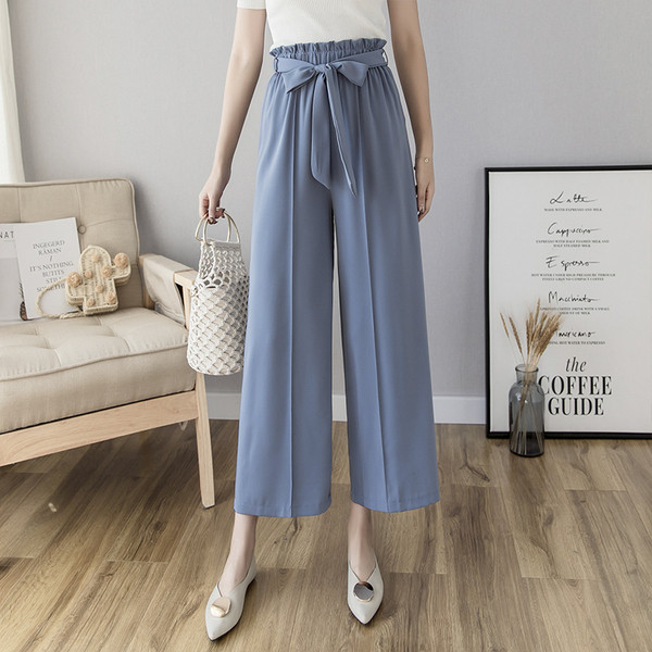 Pantaloni de dama cu talie inalta si panglica - model lat