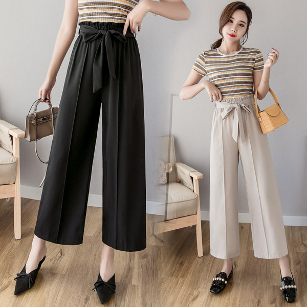 Pantaloni de dama cu talie inalta si panglica - model lat