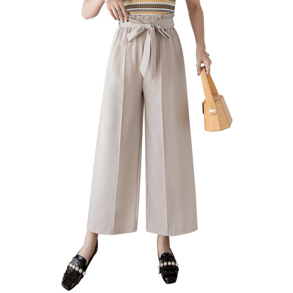 Pantaloni de dama cu talie inalta si panglica - model lat
